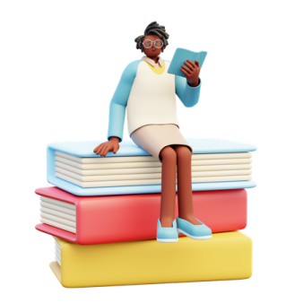 a woman sitting on top of a stack of books
