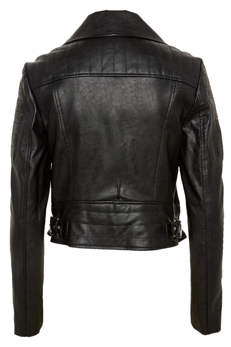 a black leather jacket on a white background