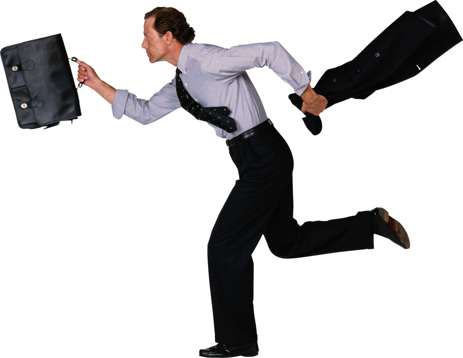 a man in a white shirt is running with a briefcase