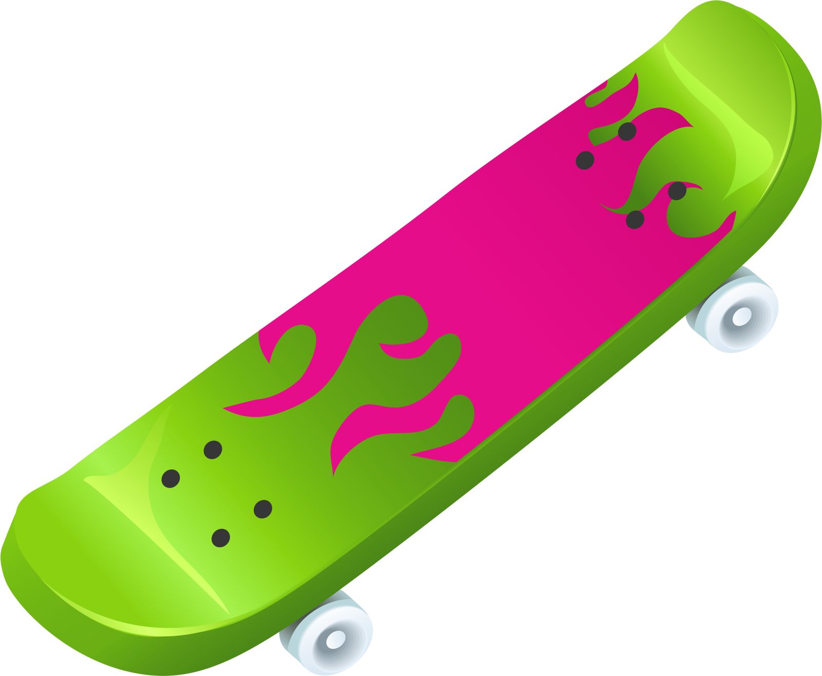 a skateboard with pink and green paint