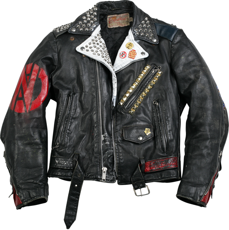 a black leather jacket with red and white patches