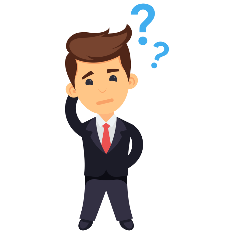 a man in a suit with question marks on his head