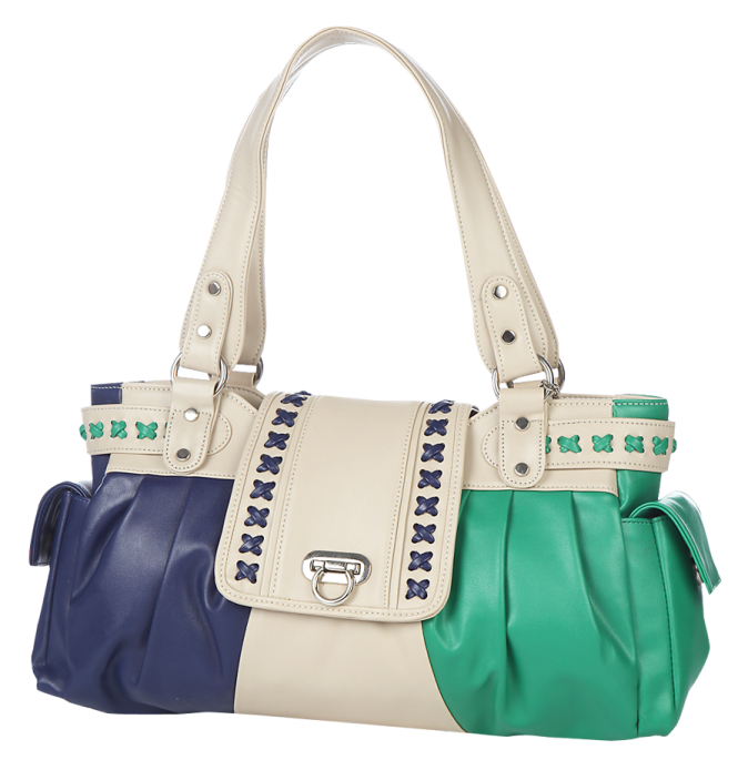 a white and blue handbag with green accents