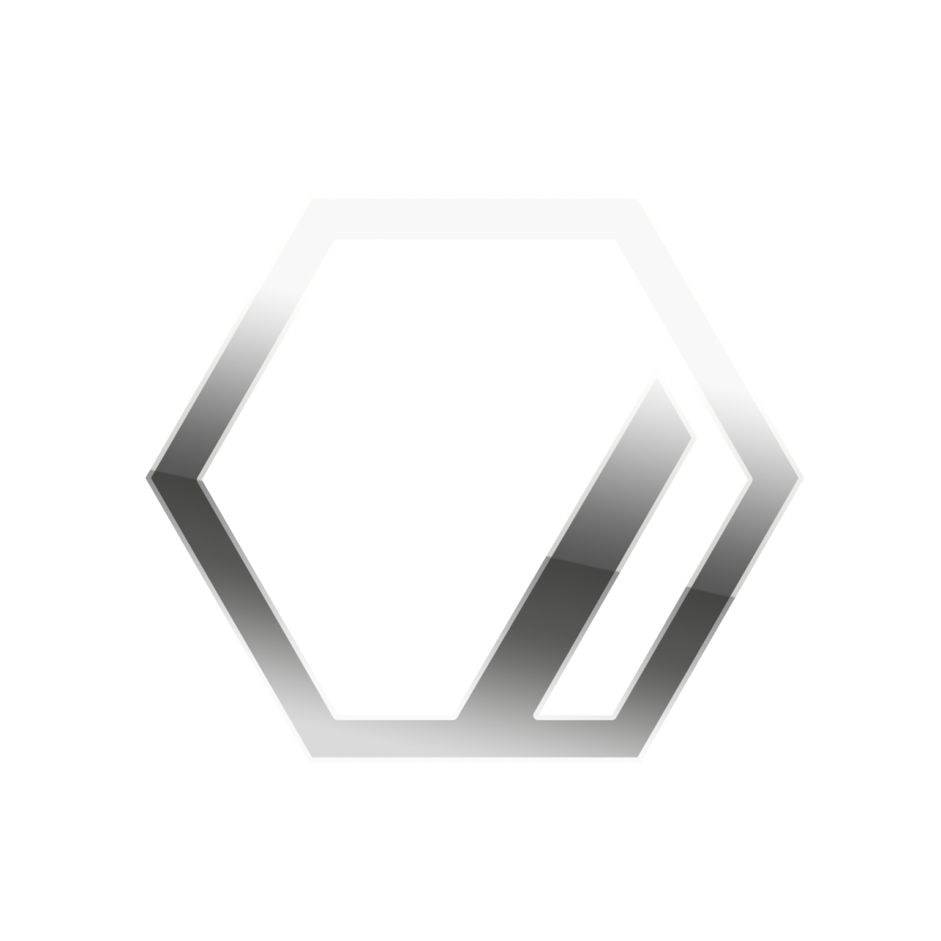 a white hexagon logo with the letter o on it