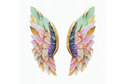 a pair of earrings with colorful wings