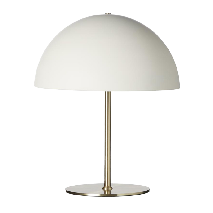 a brass table lamp with a white shade