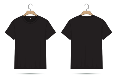 a black t - shirt hanging on a hanger