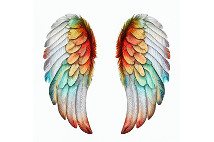 a pair of colorful feathers on white background