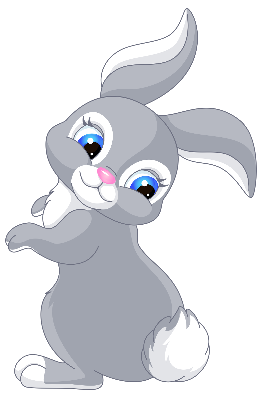 a gray rabbit with blue eyes sitting on the ground