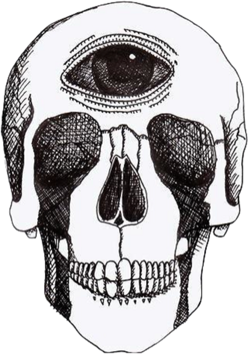 a black and white drawing of a skull