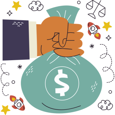 a hand holding a money bag with symbols around it