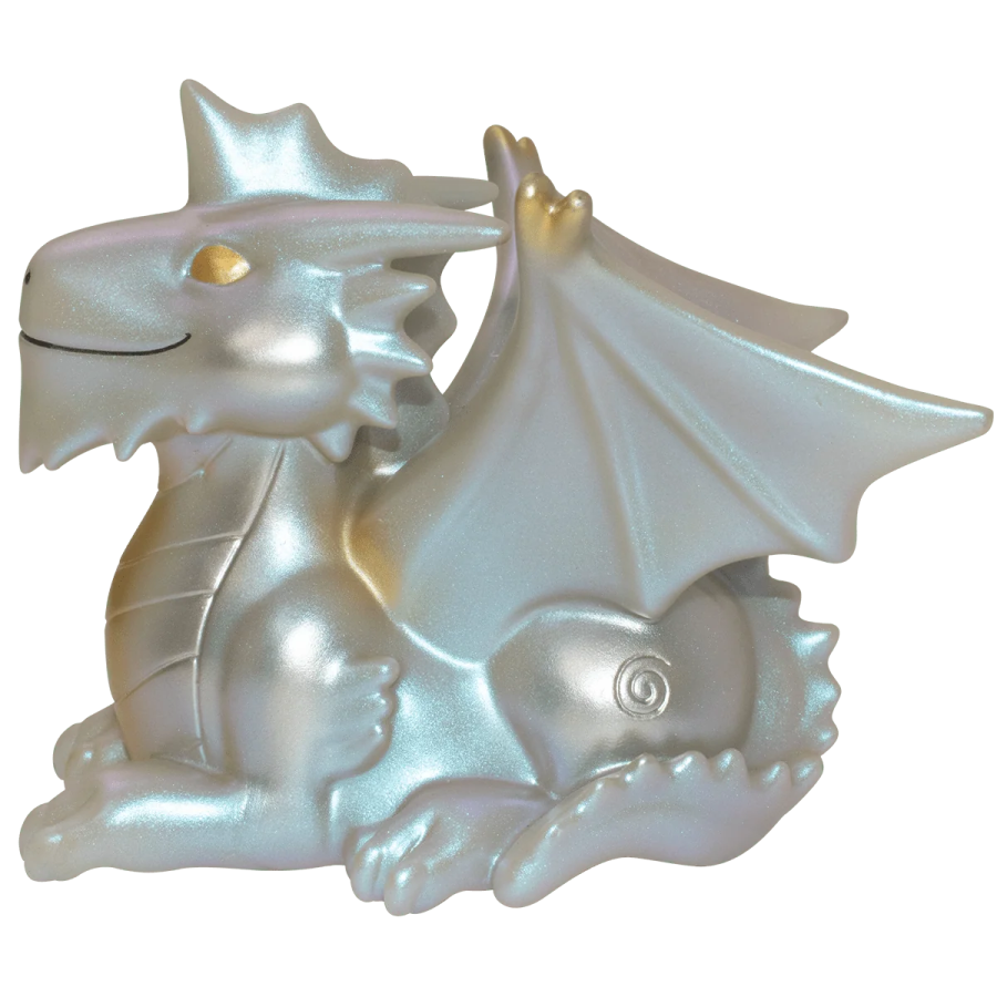 a silver dragon sitting on top of a white background
