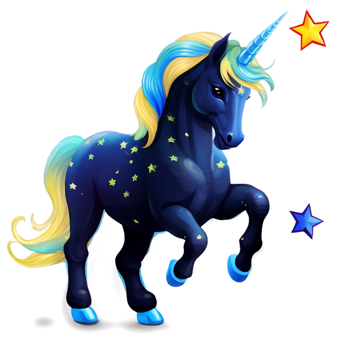 a blue and yellow unicorn with stars on its head