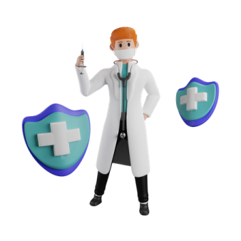 a man in a white lab coat holding a blue shield