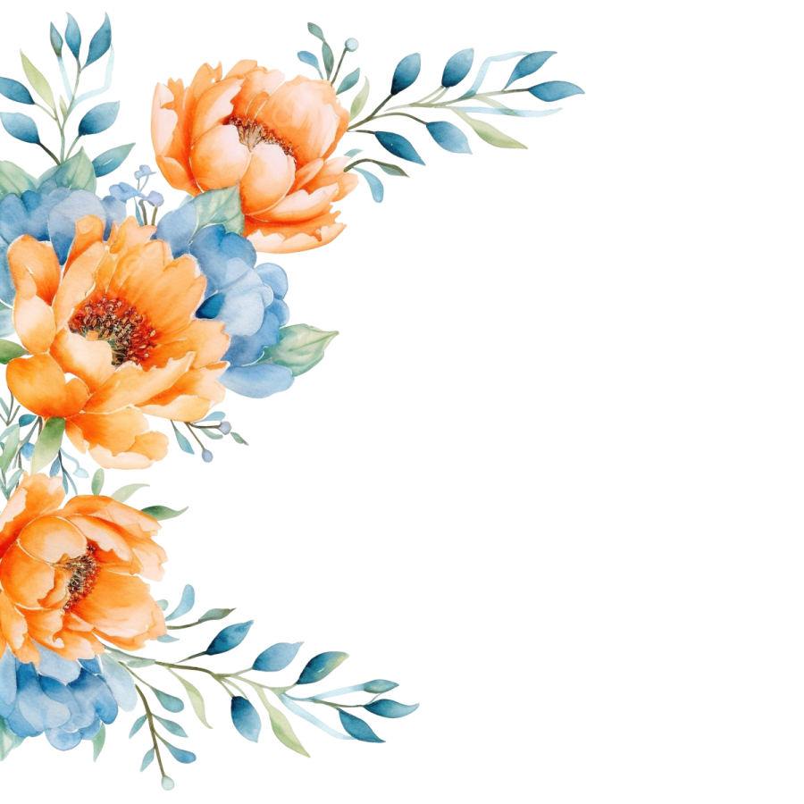 a watercolor painting of orange and blue flowers