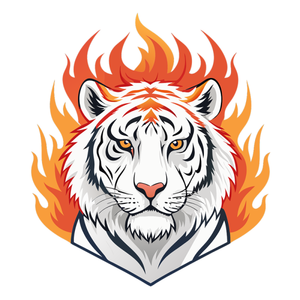 a white tiger with orange and red flames on its head