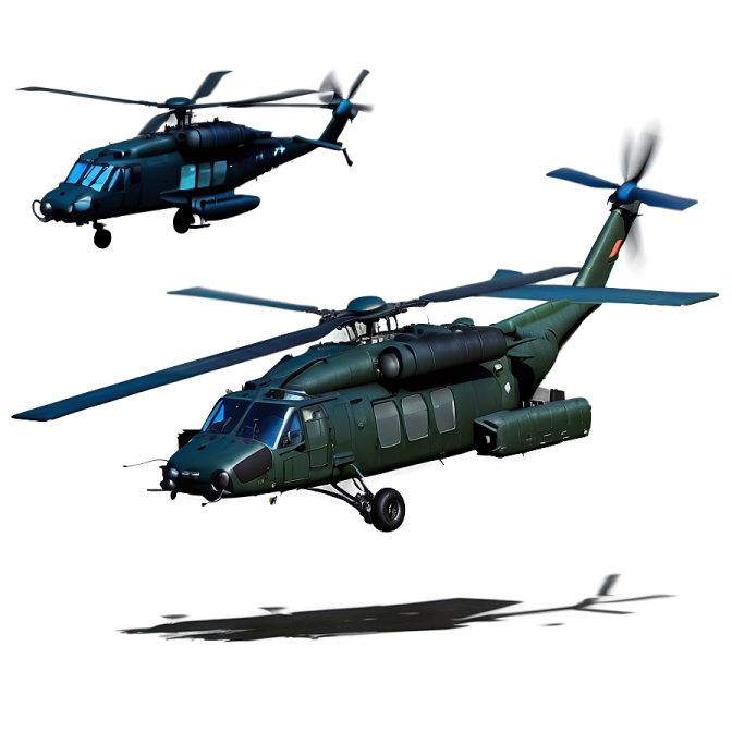 two military helicopters flying side by side