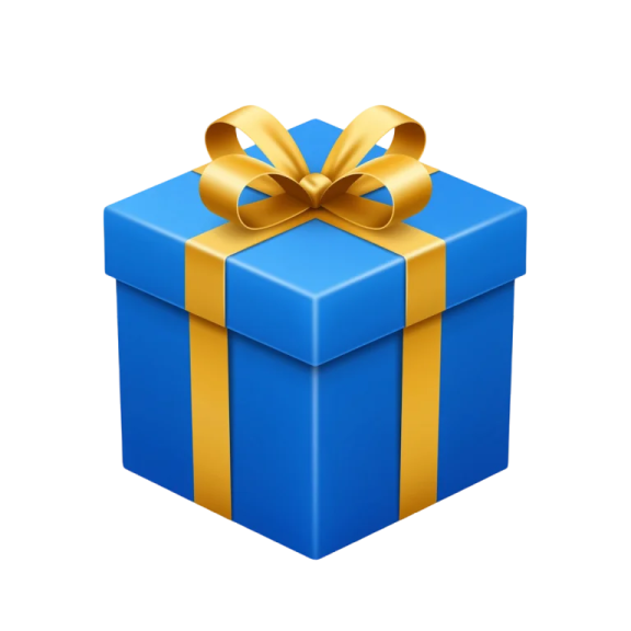 a blue gift box with gold ribbon