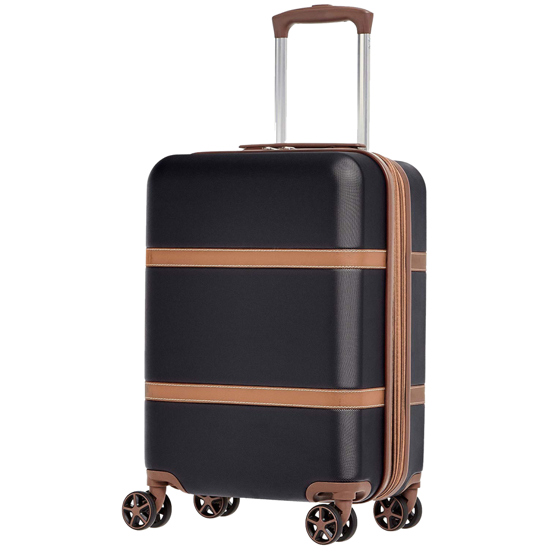 a black and brown suitcase with wheels