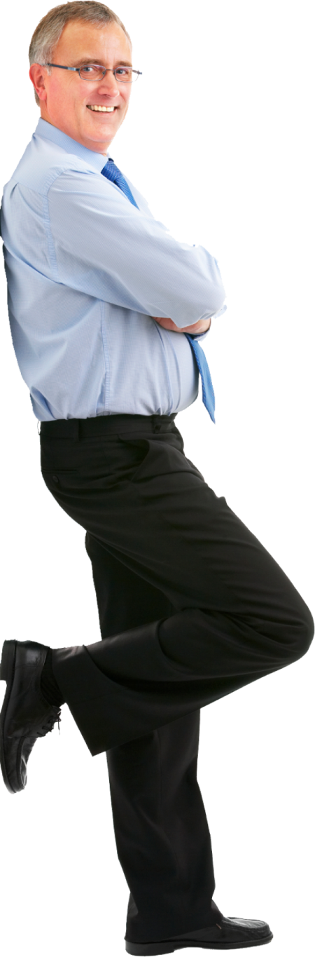 a man in a blue shirt and black pants