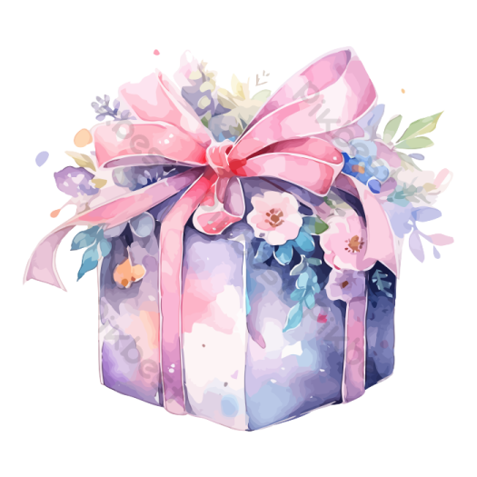 a watercolor gift box with a pink bow and flowers