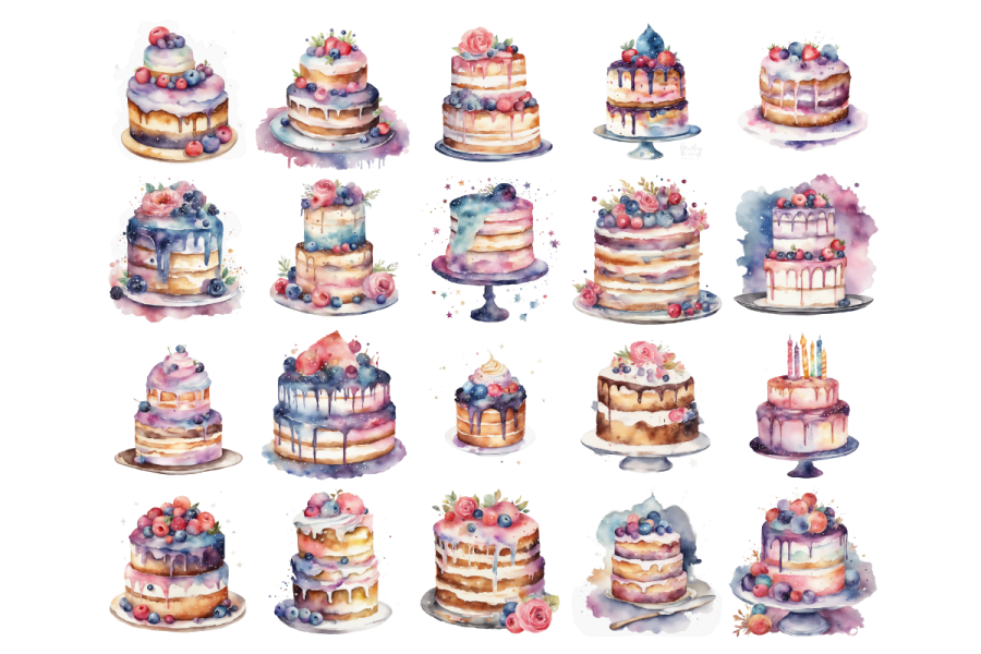 a set of watercolor cakes