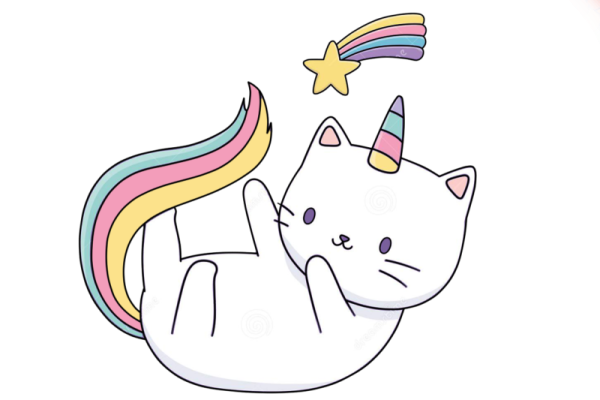 a white cat with a rainbow mane on its back