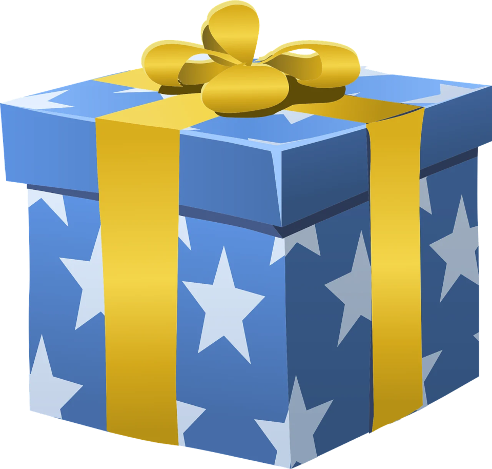 a blue gift box with gold stars on it