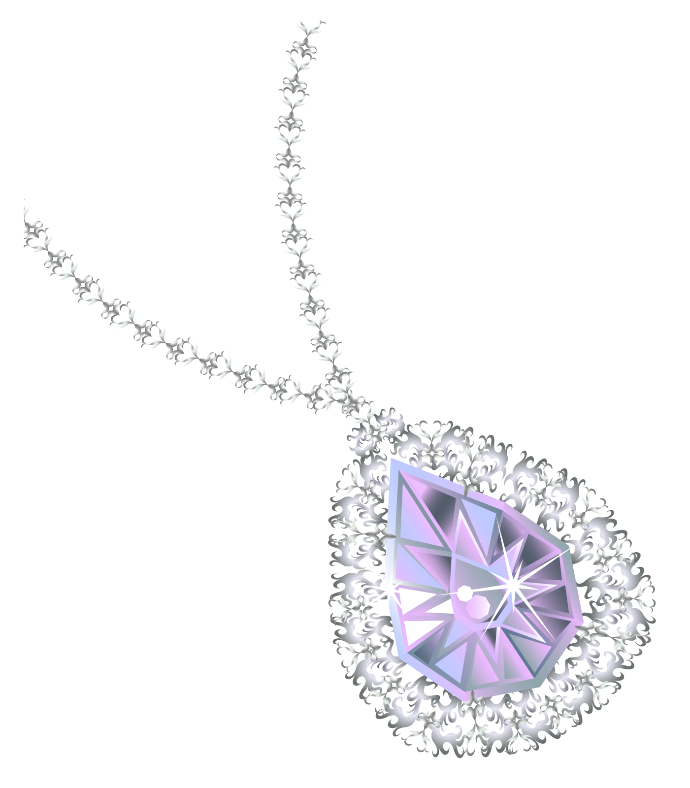 a purple and white diamond pendant on a chain