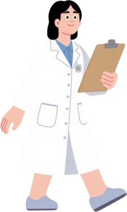 a woman in a lab coat holding a clipboard