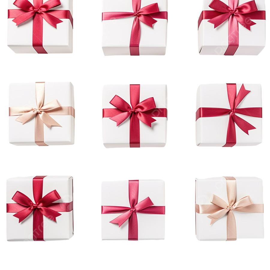 set of white gift boxes with red ribbon and bow isolated on white background