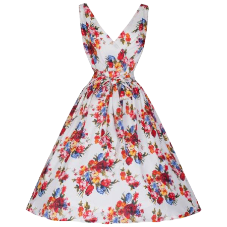 a white floral dress with red and blue flowers on it