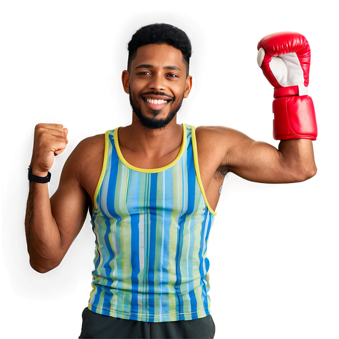 a man in a tank top holding a pair of boxing gloves