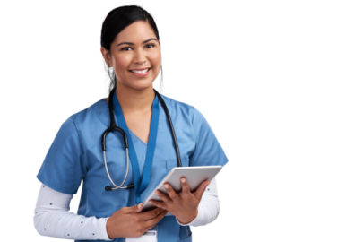 a woman in scrubs and holding a tablet