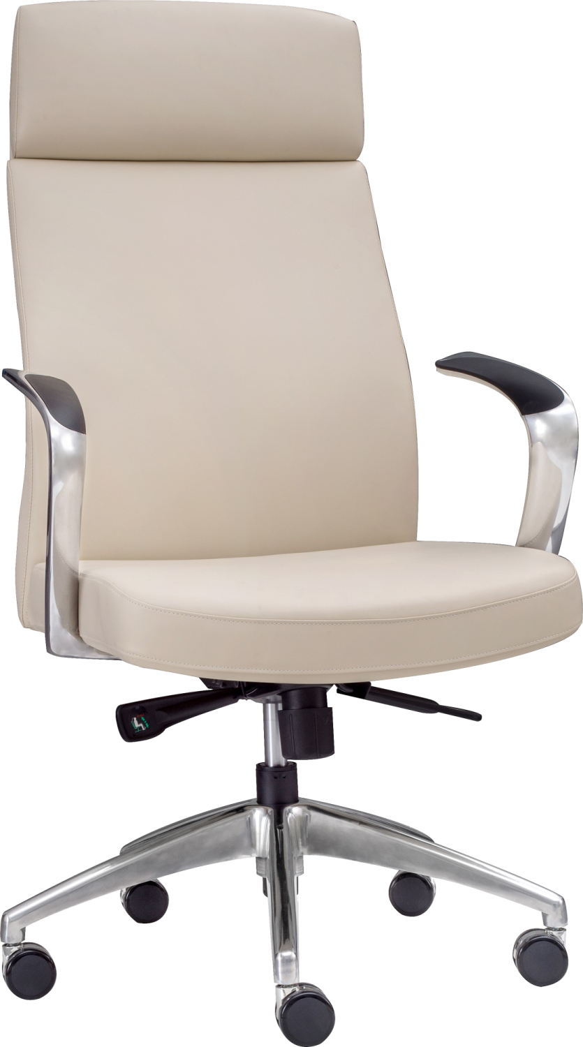 a white office chair with chrome legs