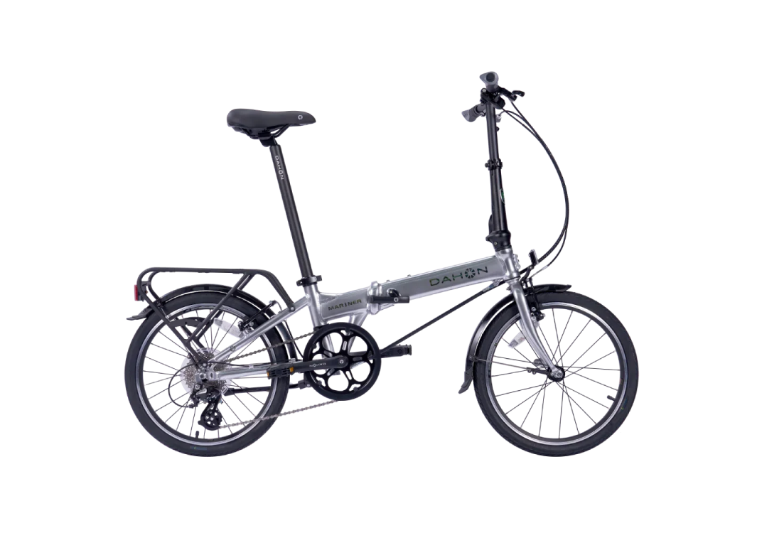 a silver folding bike on a white background