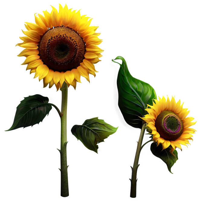two sunflowers with green leaves on a white background