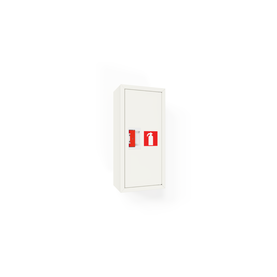 a white wall mounted cabinet with a red door