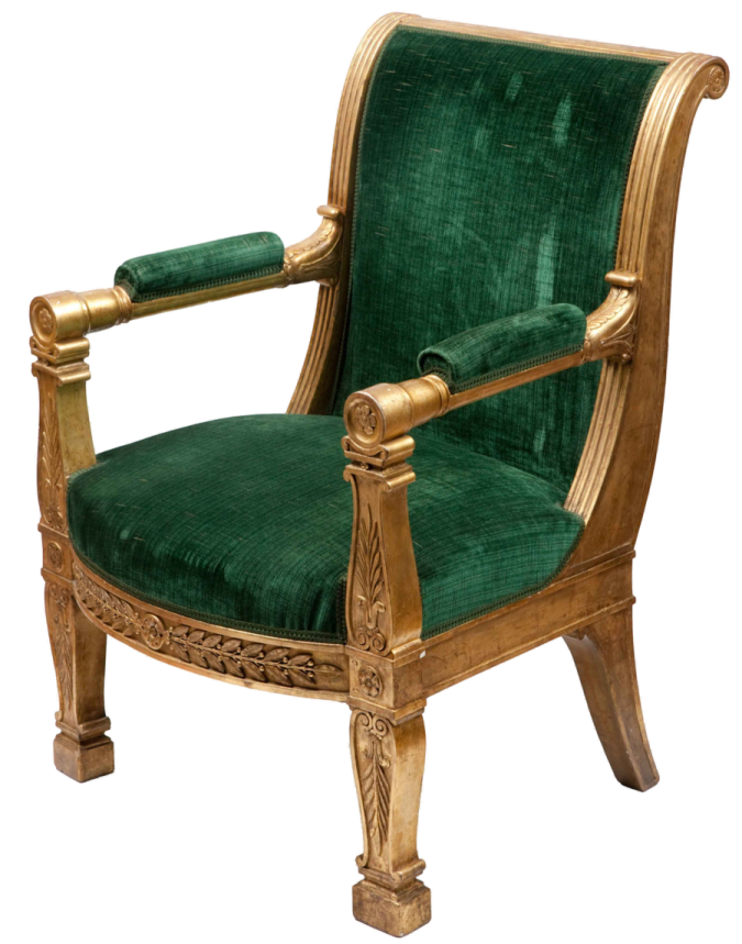 a chair with green velvet upholing