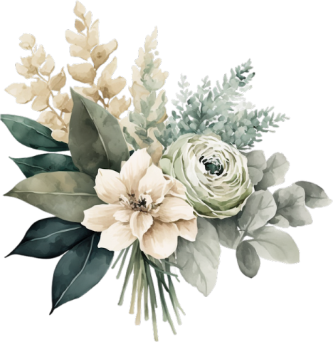 a bouquet with white flowers and green leaves