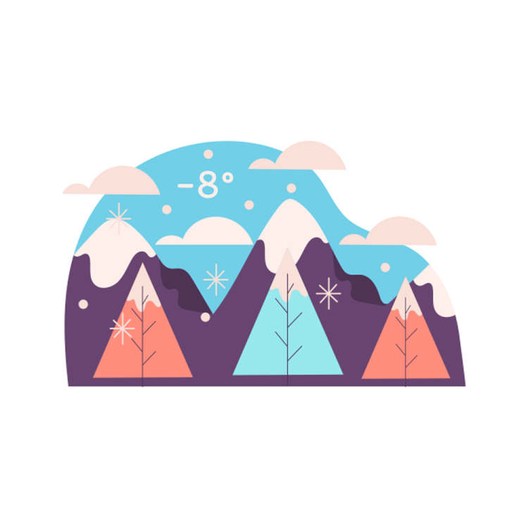 an illustration of mountains with trees and snow
