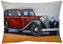 a painting of an old car on a pillow