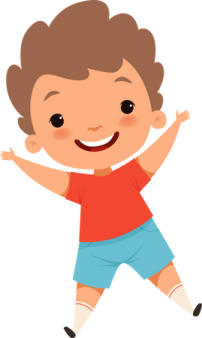 a boy in red shirt and blue shorts dancing