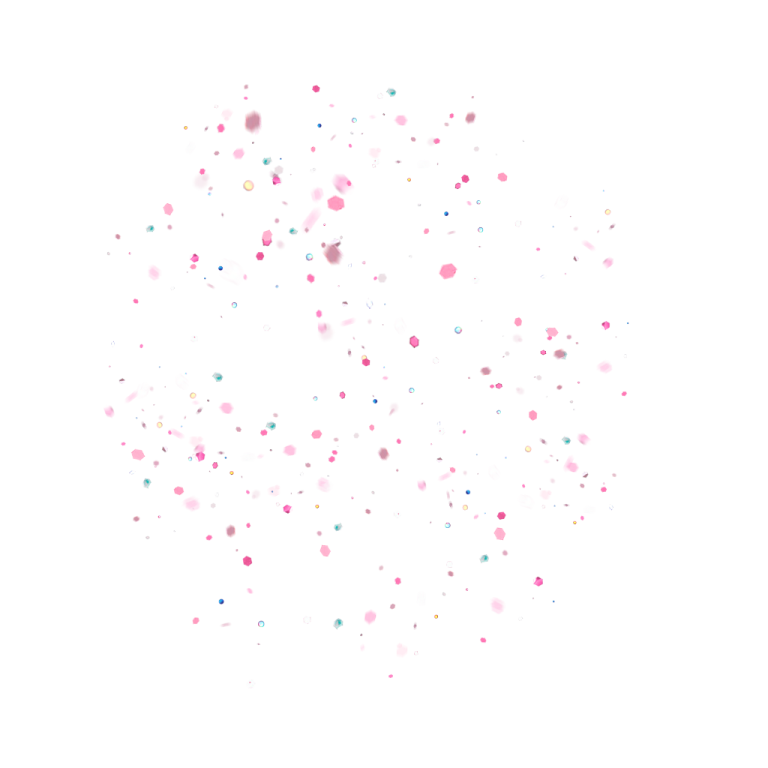 a white background with pink, blue and green confe