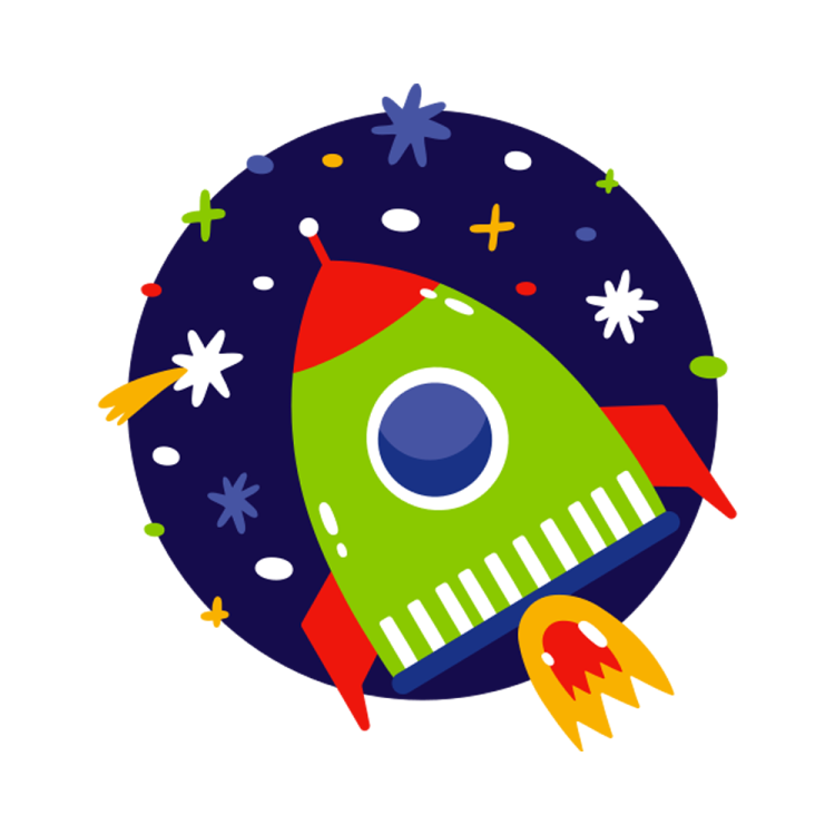 an illustration of a rocket with stars around it