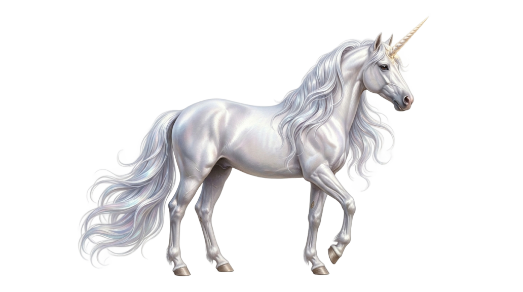 a white unicorn with long hair standing on its hinds