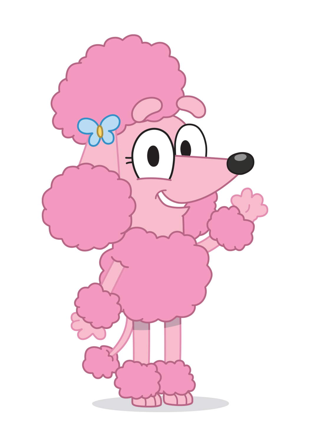 a pink poodle with a blue bow on her head