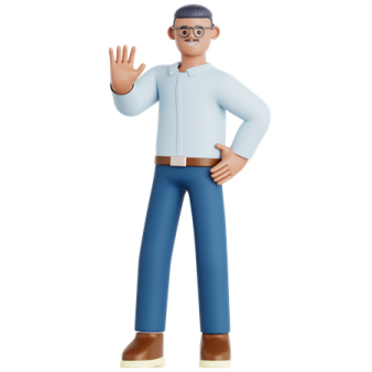 a man in a blue shirt and brown pants