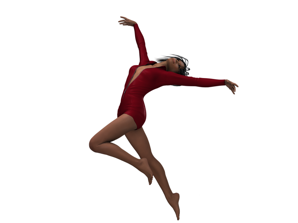 a woman in a red leor suit is dancing