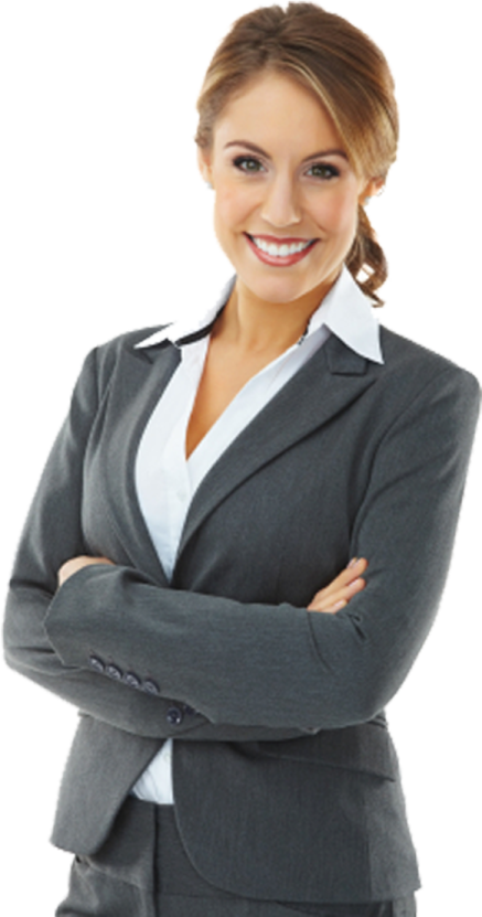 a woman in a suit with her arms crossed